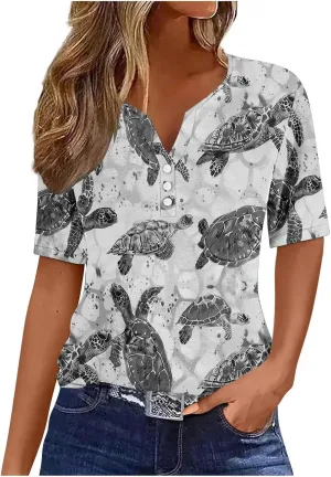 Womens Short Sleeve Tops Summer Fashion Animal Print T Shirt Casual V Neck Button Blouses Sea Turtle Graphic Tees