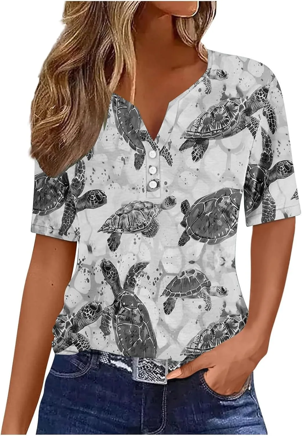 Womens Short Sleeve Tops Summer Fashion Animal Print T Shirt Casual V Neck Button Blouses Sea Turtle Graphic Tees