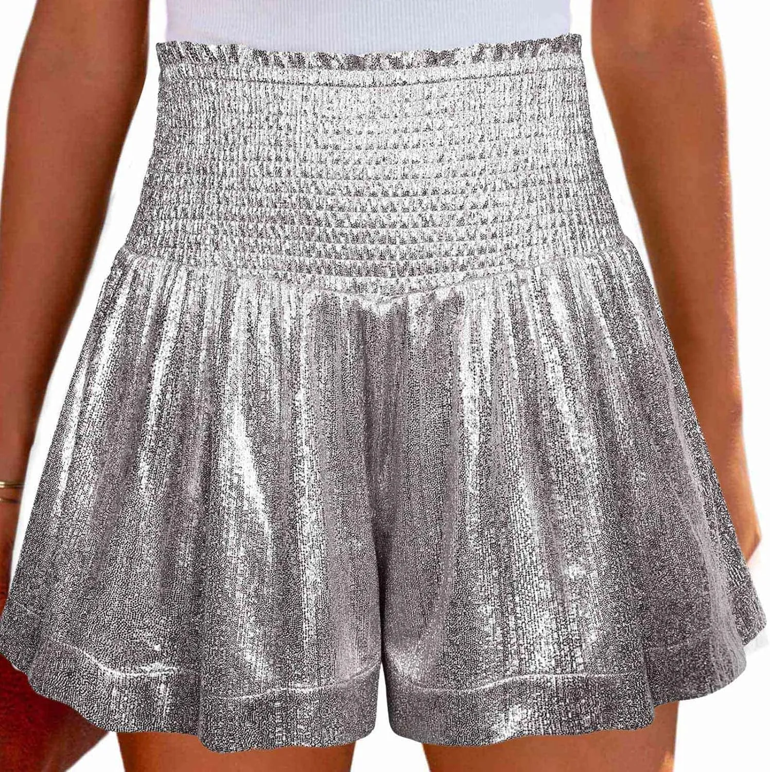 Women's Skirt Casual Loose and Elastic Waist Flash Shorts Metallic Fashion Pleated Waist Short High Skirt for