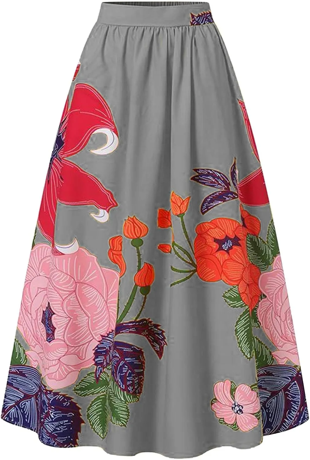Women's Skirts Summer Boho Maxi Skirt Fashion Loose Floral Printed Skirt High Waisted Beach Maxi Skirt with Pocket