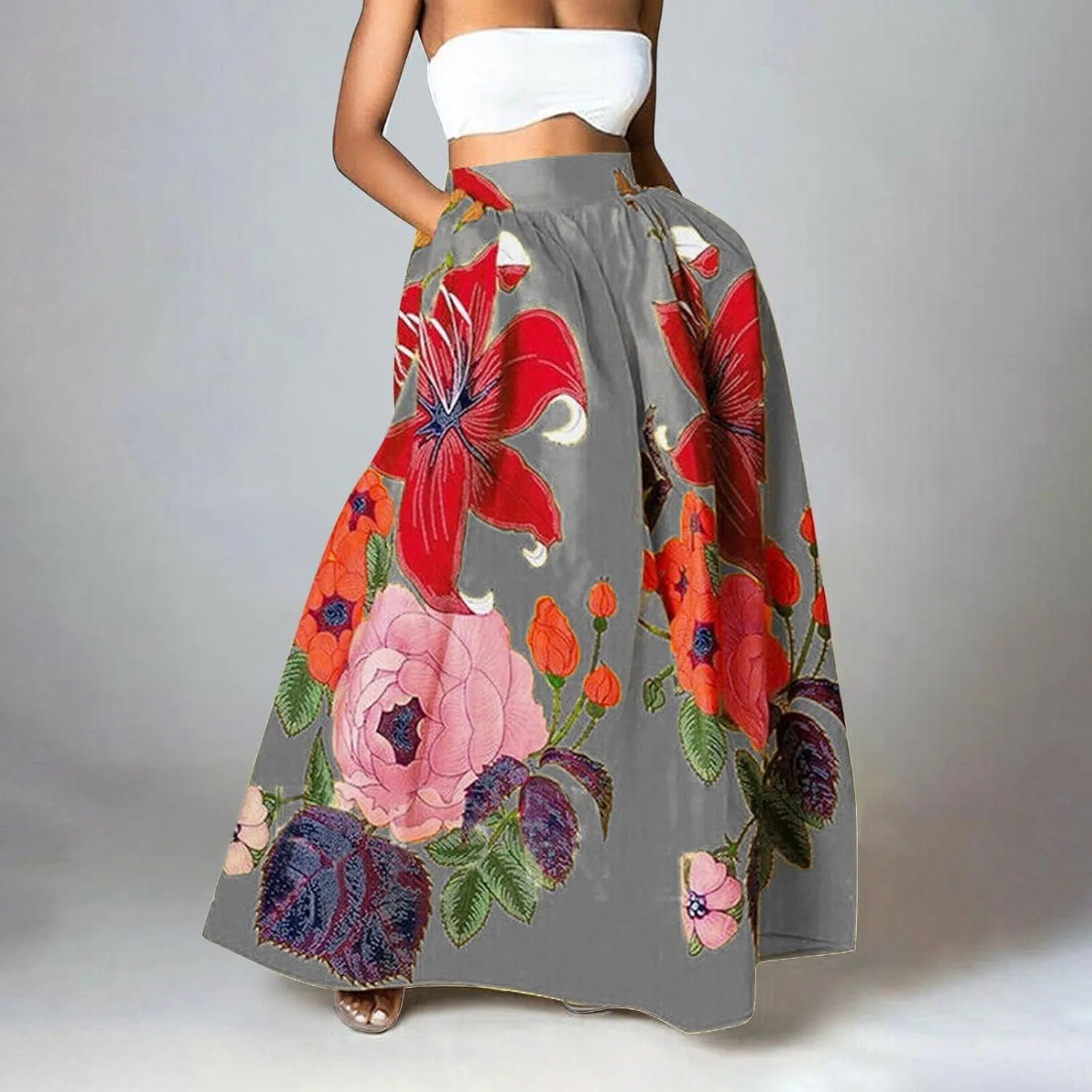 Women's Skirts Summer Boho Maxi Skirt Fashion Loose Floral Printed Skirt High Waisted Beach Maxi Skirt with Pocket