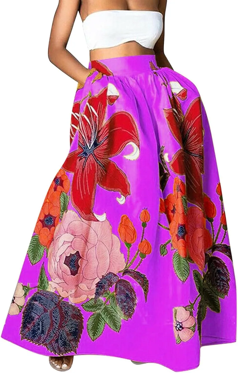 Women's Skirts Summer Boho Maxi Skirt Fashion Loose Floral Printed Skirt High Waisted Beach Maxi Skirt with Pocket