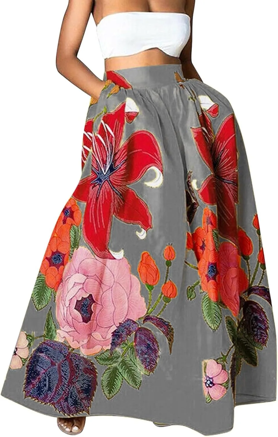 Women's Skirts Summer Boho Maxi Skirt Fashion Loose Floral Printed Skirt High Waisted Beach Maxi Skirt with Pocket