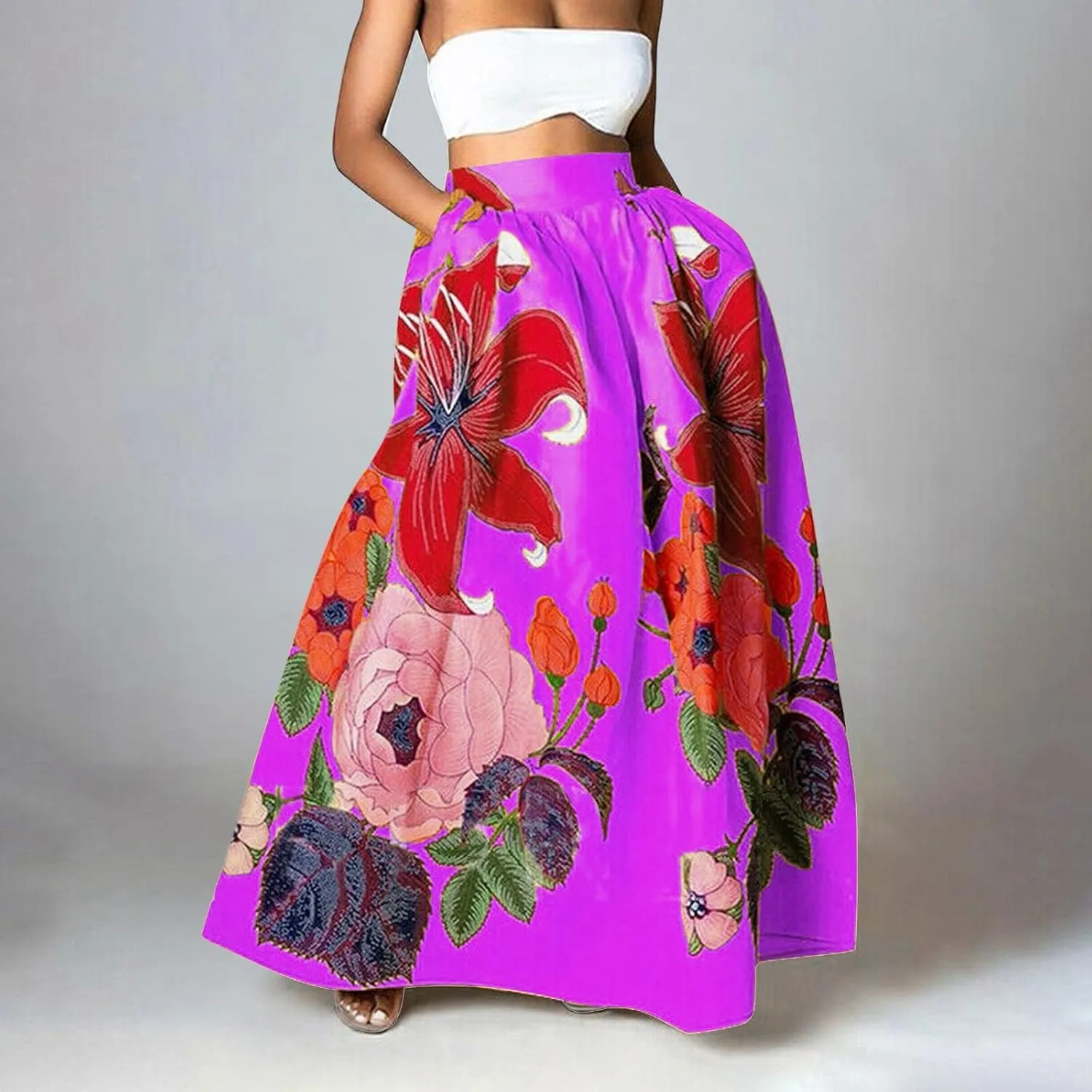 Women's Skirts Summer Boho Maxi Skirt Fashion Loose Floral Printed Skirt High Waisted Beach Maxi Skirt with Pocket