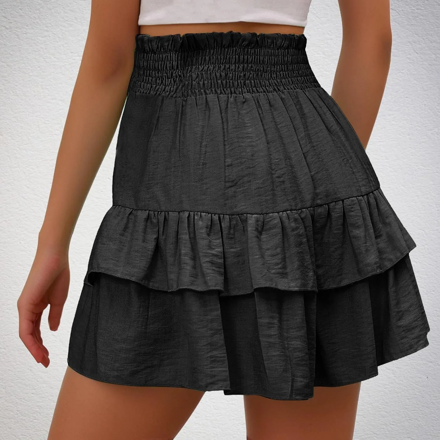 Womens Smocked Ruffle Shorts Elastic High Waisted Pleated Hem Summer Shorts Flowy Beach Vacation Skorts