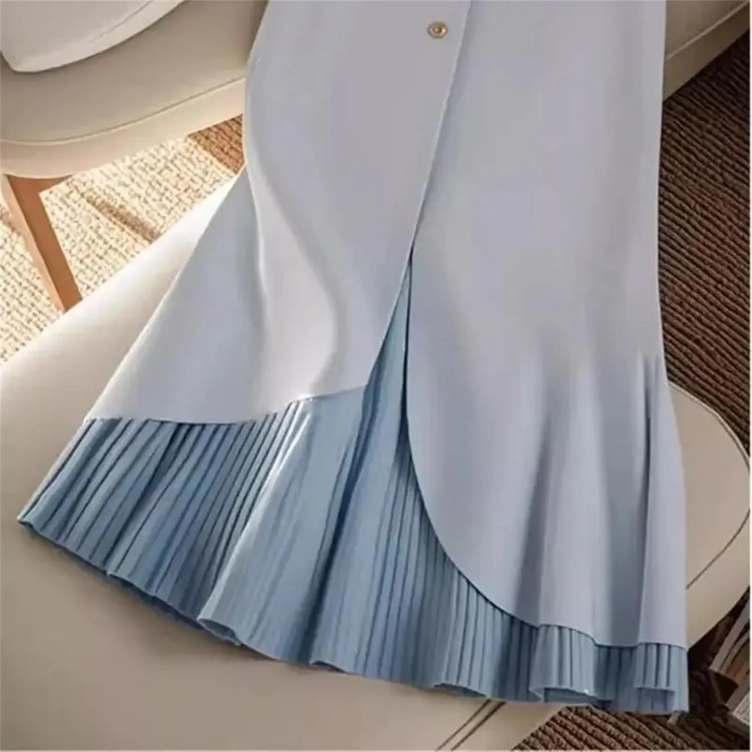 Women's Solid Color High Waist Pleated Skirt Fall Fashion Patchwork Office Lady Single Breasted Midi Party Skirt