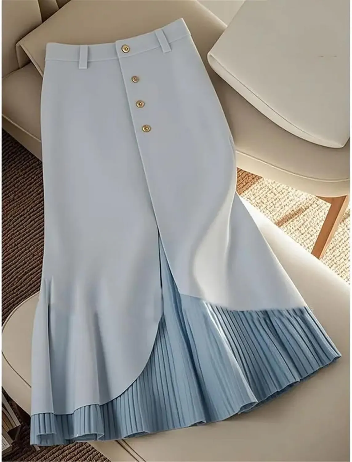 Women's Solid Color High Waist Pleated Skirt Fall Fashion Patchwork Office Lady Single Breasted Midi Party Skirt
