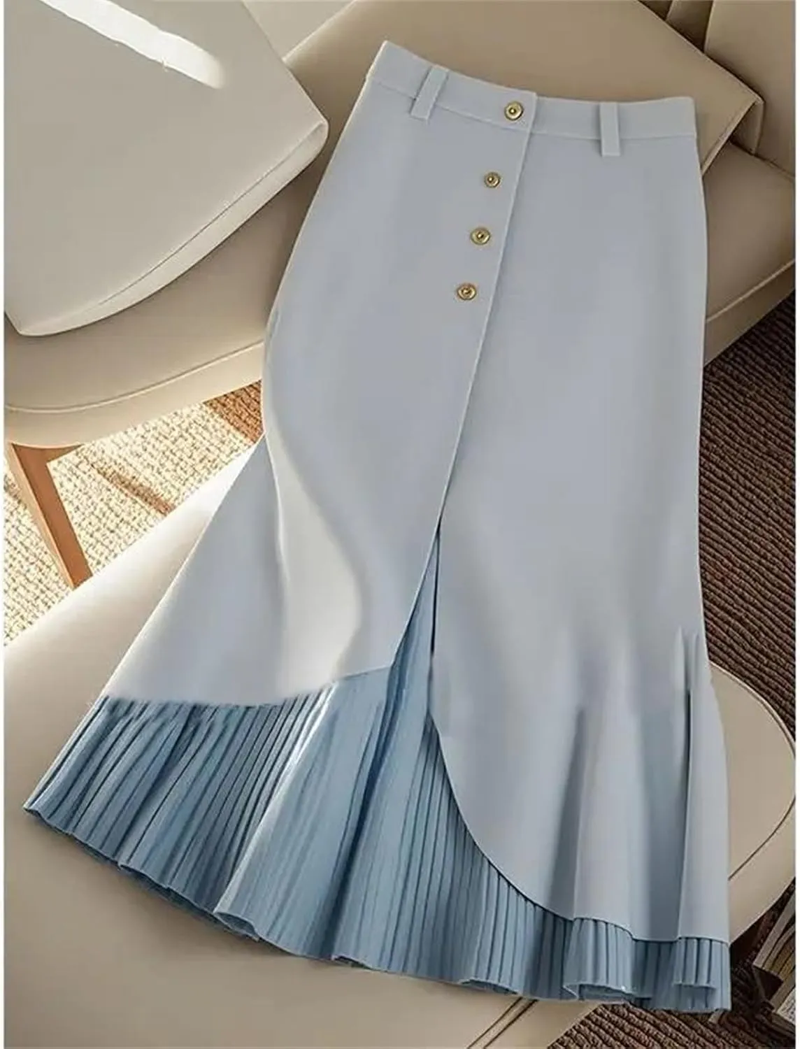 Women's Solid Color High Waist Pleated Skirt Fall Fashion Patchwork Office Lady Single Breasted Midi Party Skirt
