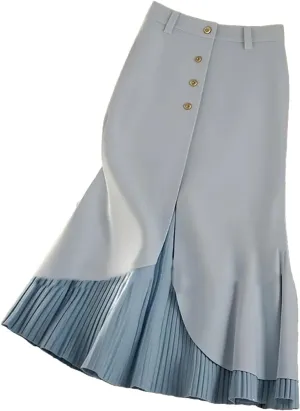 Women's Solid Color High Waist Pleated Skirt Fall Fashion Patchwork Office Lady Single Breasted Midi Party Skirt