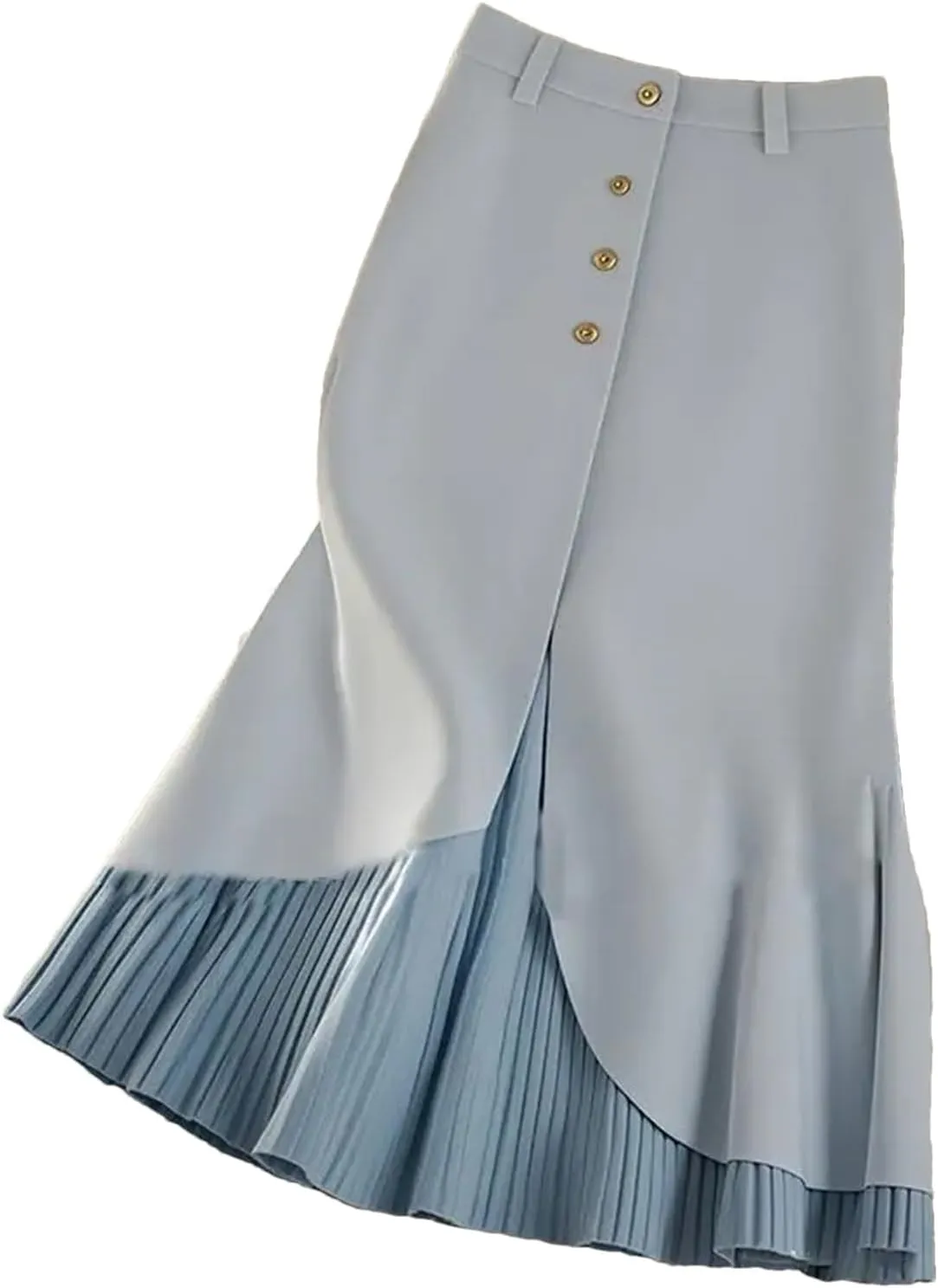 Women's Solid Color High Waist Pleated Skirt Fall Fashion Patchwork Office Lady Single Breasted Midi Party Skirt
