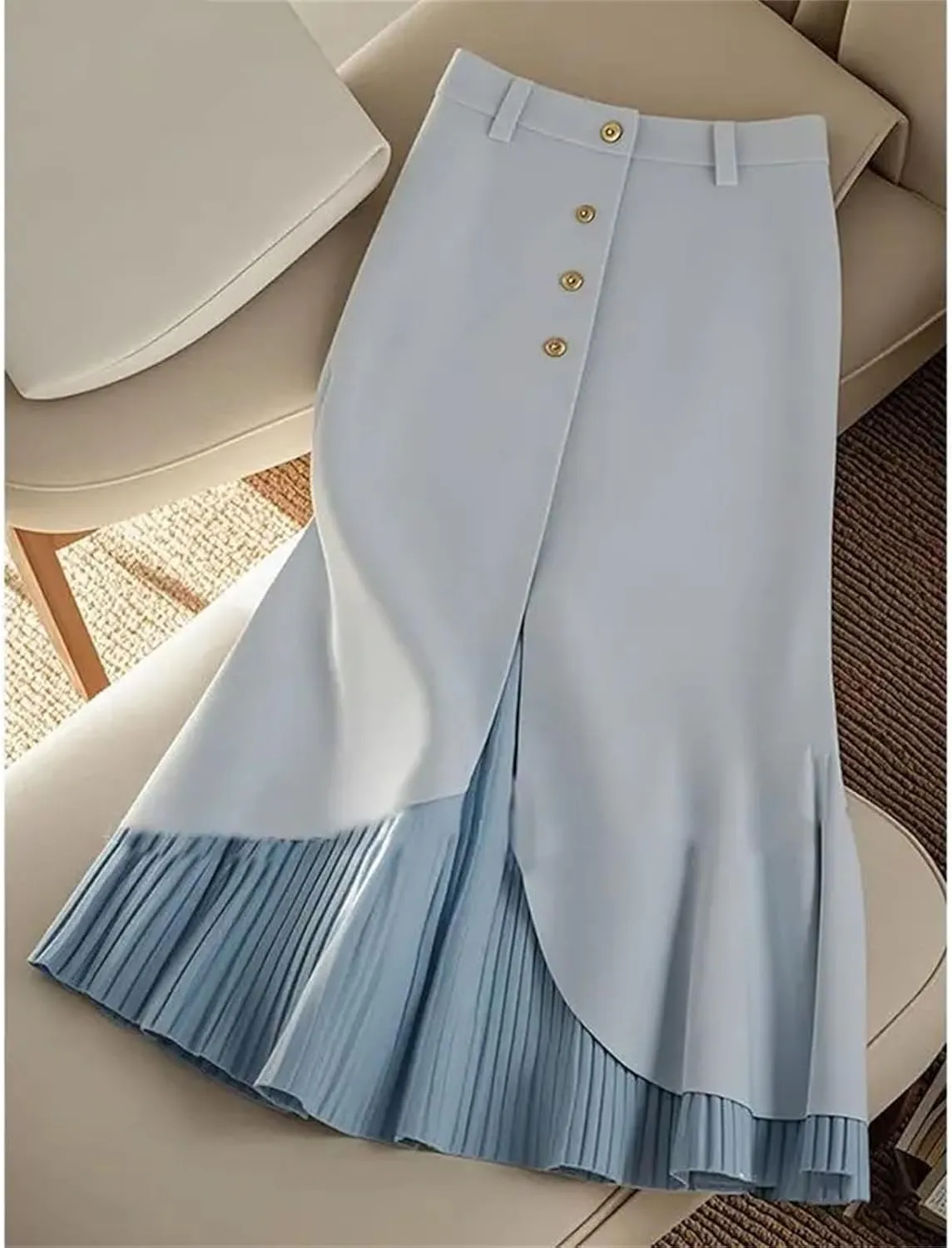 Women's Solid Color High Waist Pleated Skirt Fall Fashion Patchwork Office Lady Single Breasted Midi Party Skirt