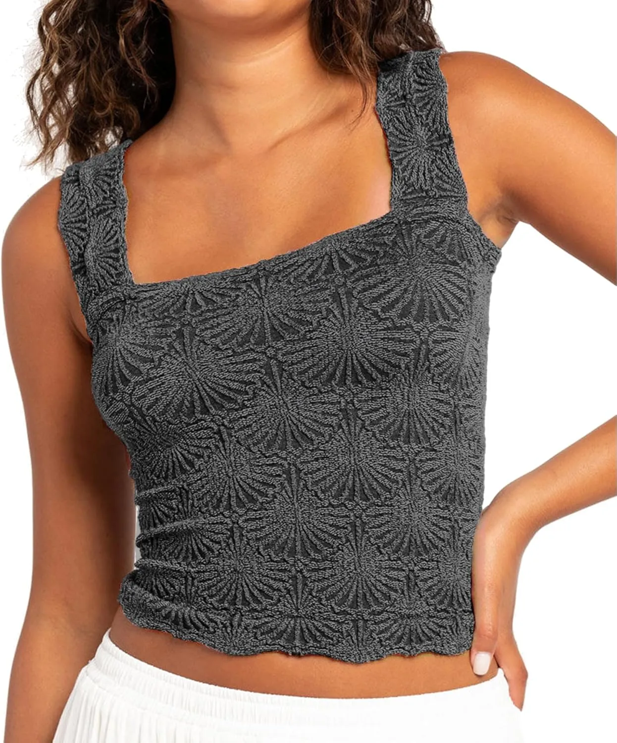 Women's Square Neck Wide Strap Crop Tank Tops Flower Going Out Tops Slim Fit Lettuce Trim Crop Cami Tops
