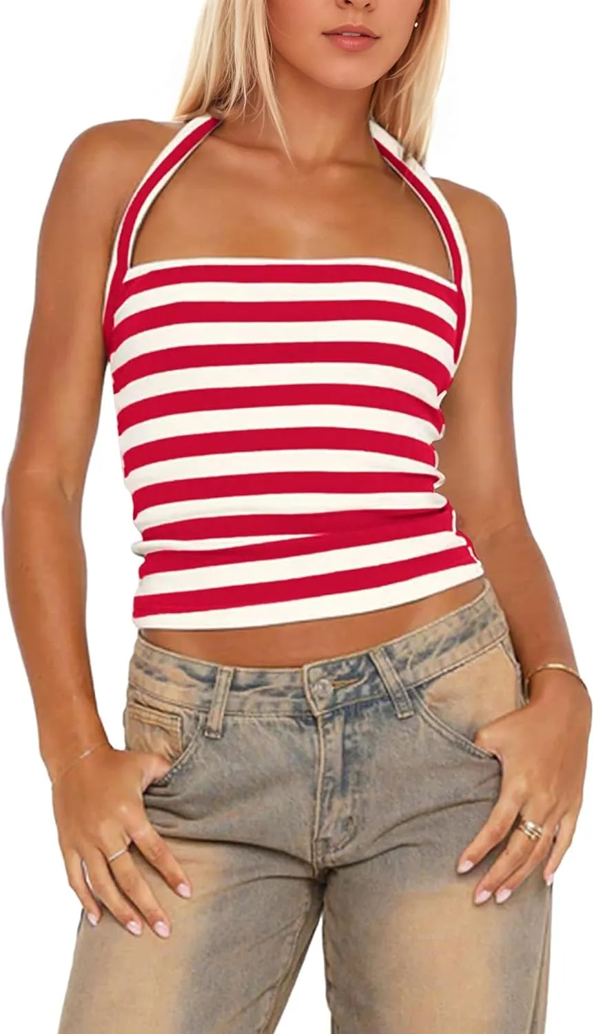Womens Striped Halter Tops Cute Summer Slim Fit Sleeveless Open Back Camisole Crop Tops for Teens Y2k Trendy Tank