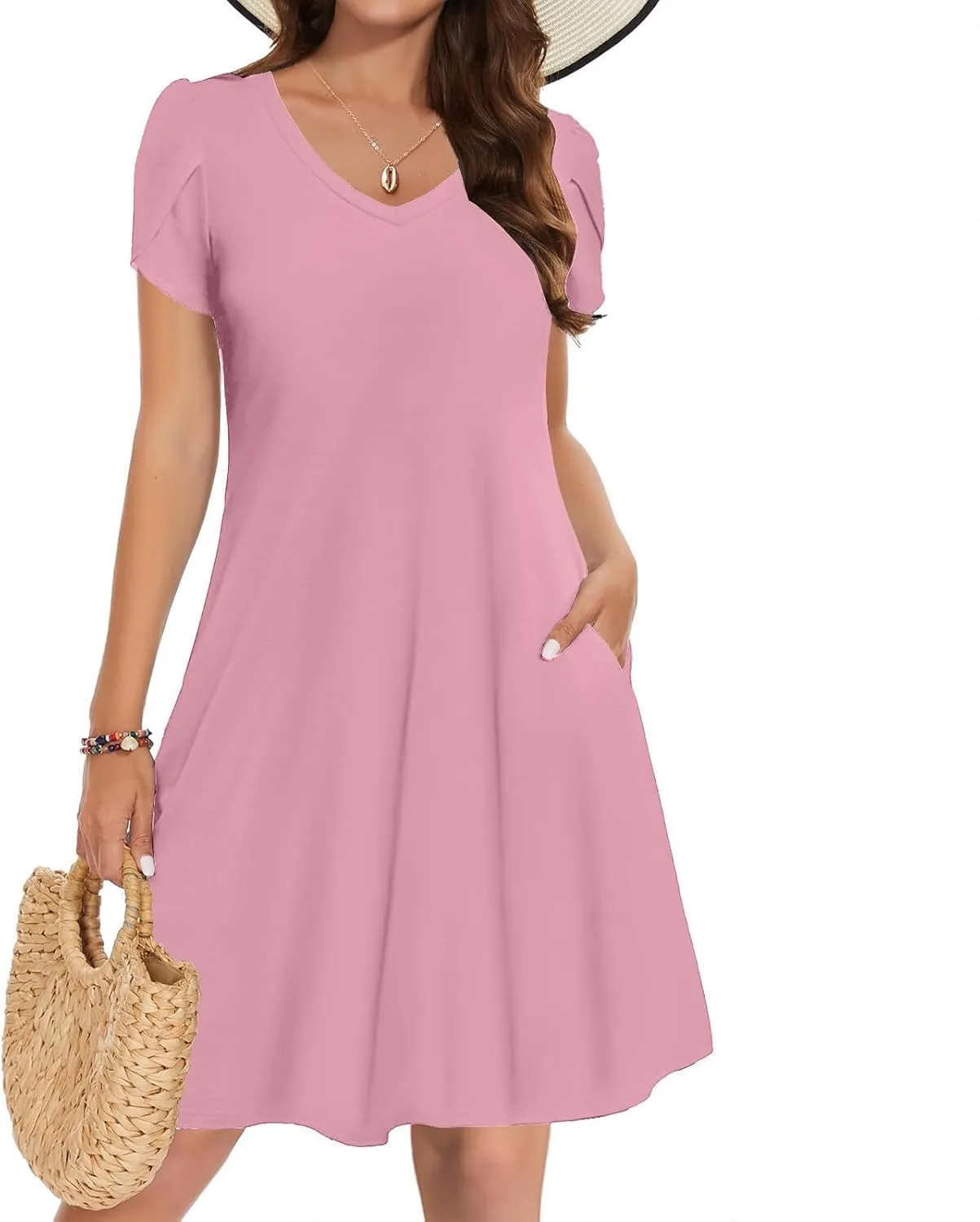 Womens Summer Dresses Short Sleeve A Line Sundresses V-Neck Trendy Loose Casual Boho Beach Dress with Pockets