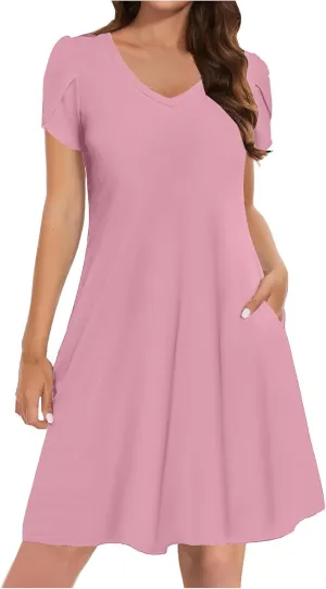 Womens Summer Dresses Short Sleeve A Line Sundresses V-Neck Trendy Loose Casual Boho Beach Dress with Pockets