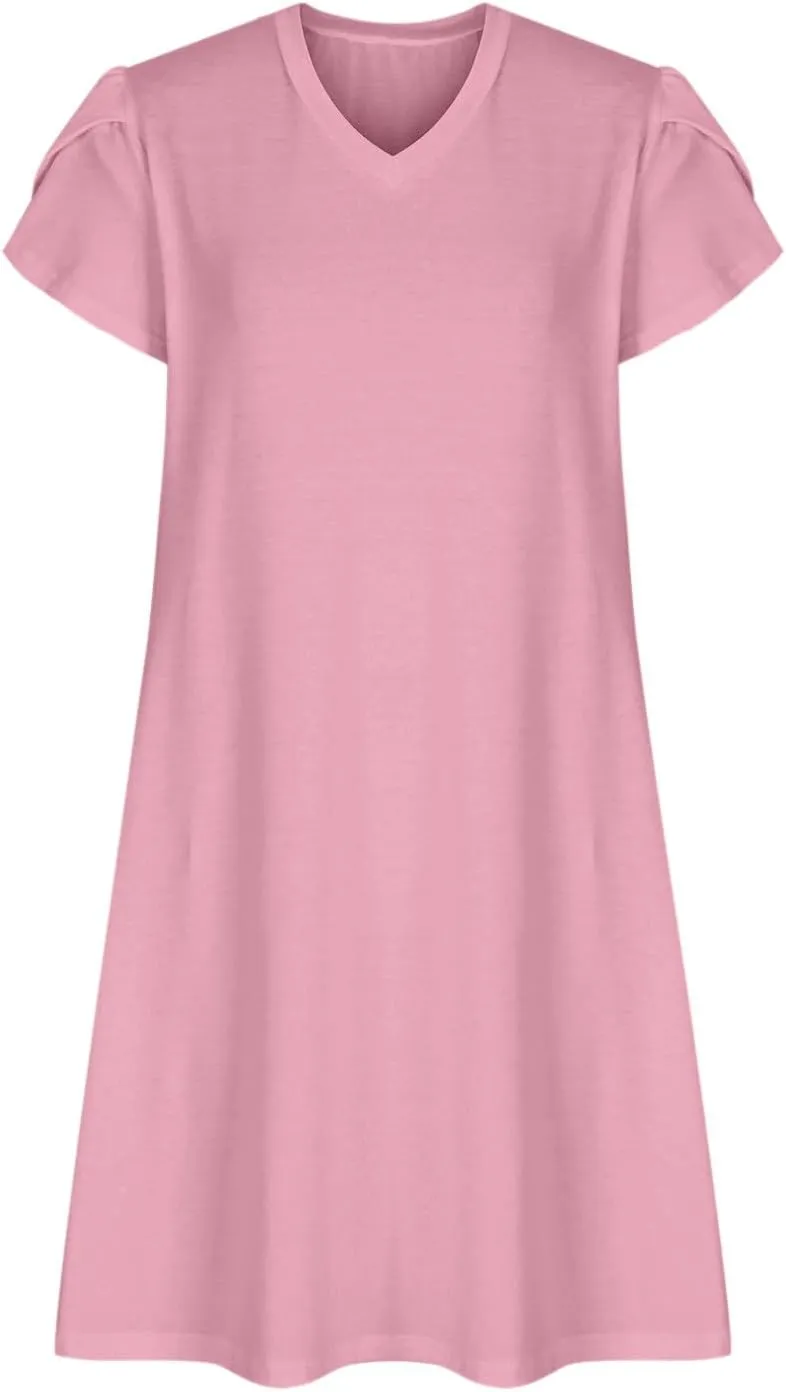 Womens Summer Dresses Short Sleeve A Line Sundresses V-Neck Trendy Loose Casual Boho Beach Dress with Pockets
