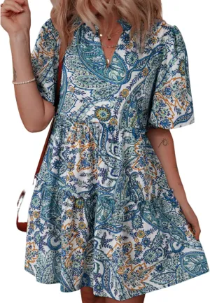Women's Summer Floral Print Mini Dress Casual V Neck Short Sleeve Sundress Ruffle Boho Swing Beach Vacation Dresses