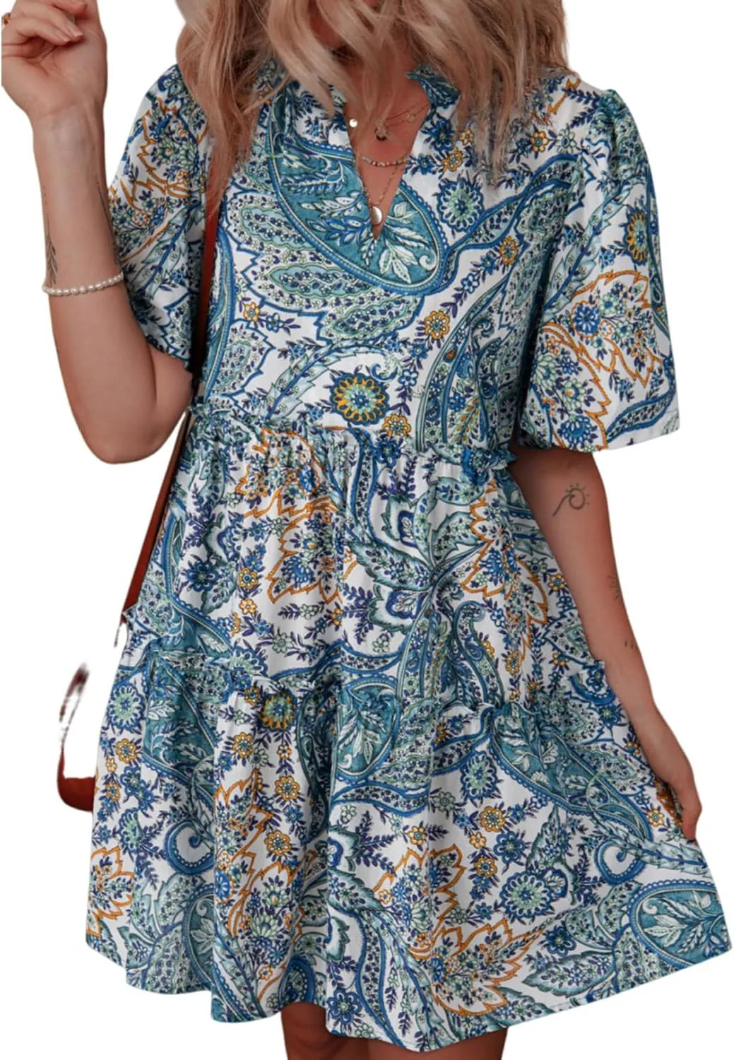 Women's Summer Floral Print Mini Dress Casual V Neck Short Sleeve Sundress Ruffle Boho Swing Beach Vacation Dresses