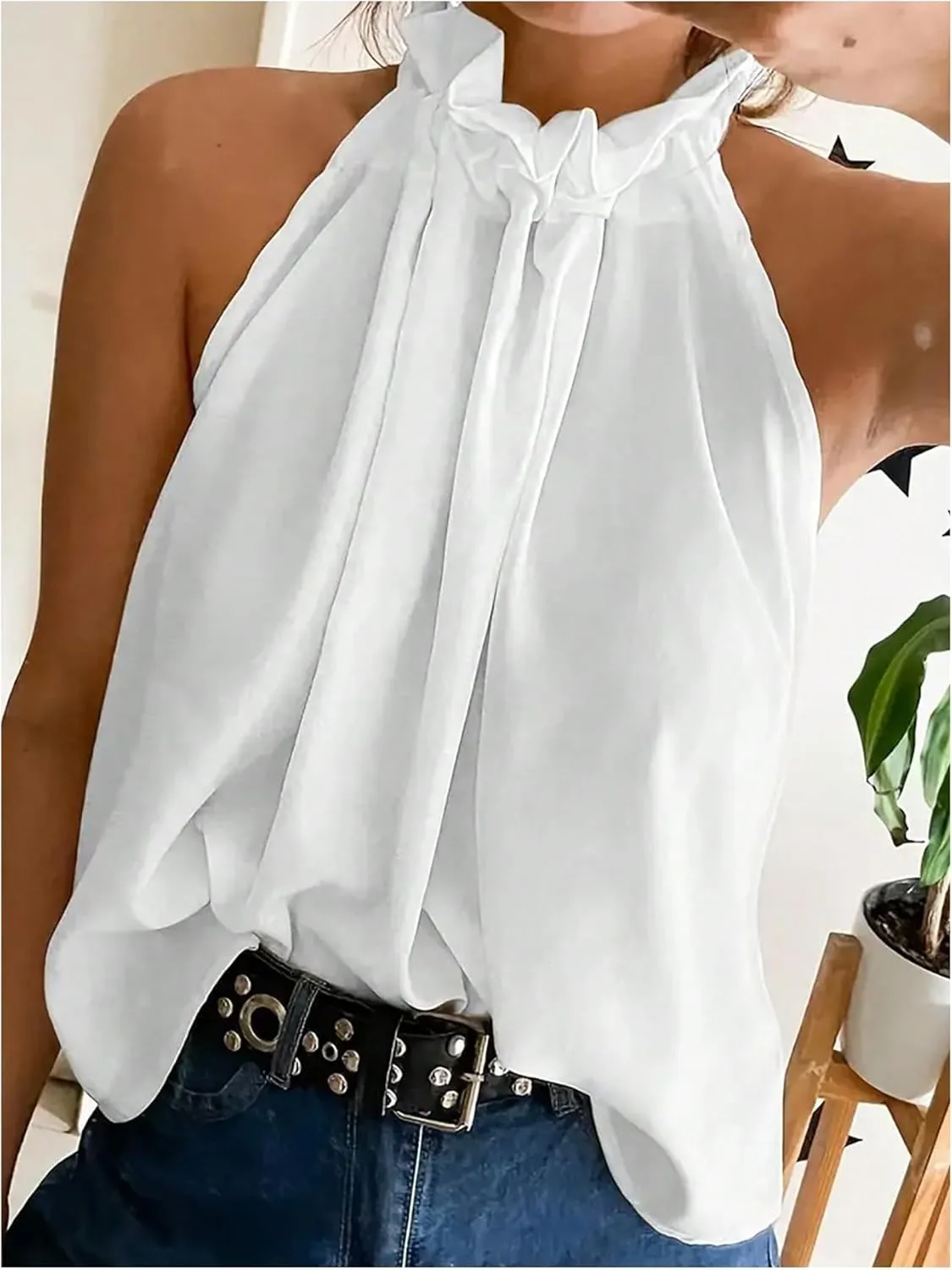 Women's Summer Halter Tops Tie Back Frill Sleeveless Casual Blouses for Women Dressy Work Shirts