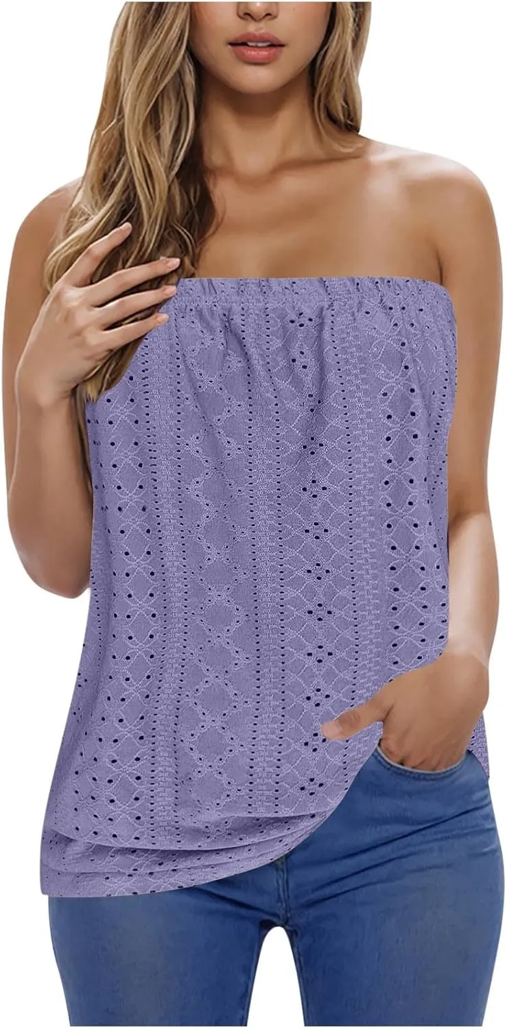 Womens Summer Tube Tops Casual Strapless Eyelet Bandeau Tanks Cute Off Shoulder Tunic Shirts Flowy Vacation Blouses