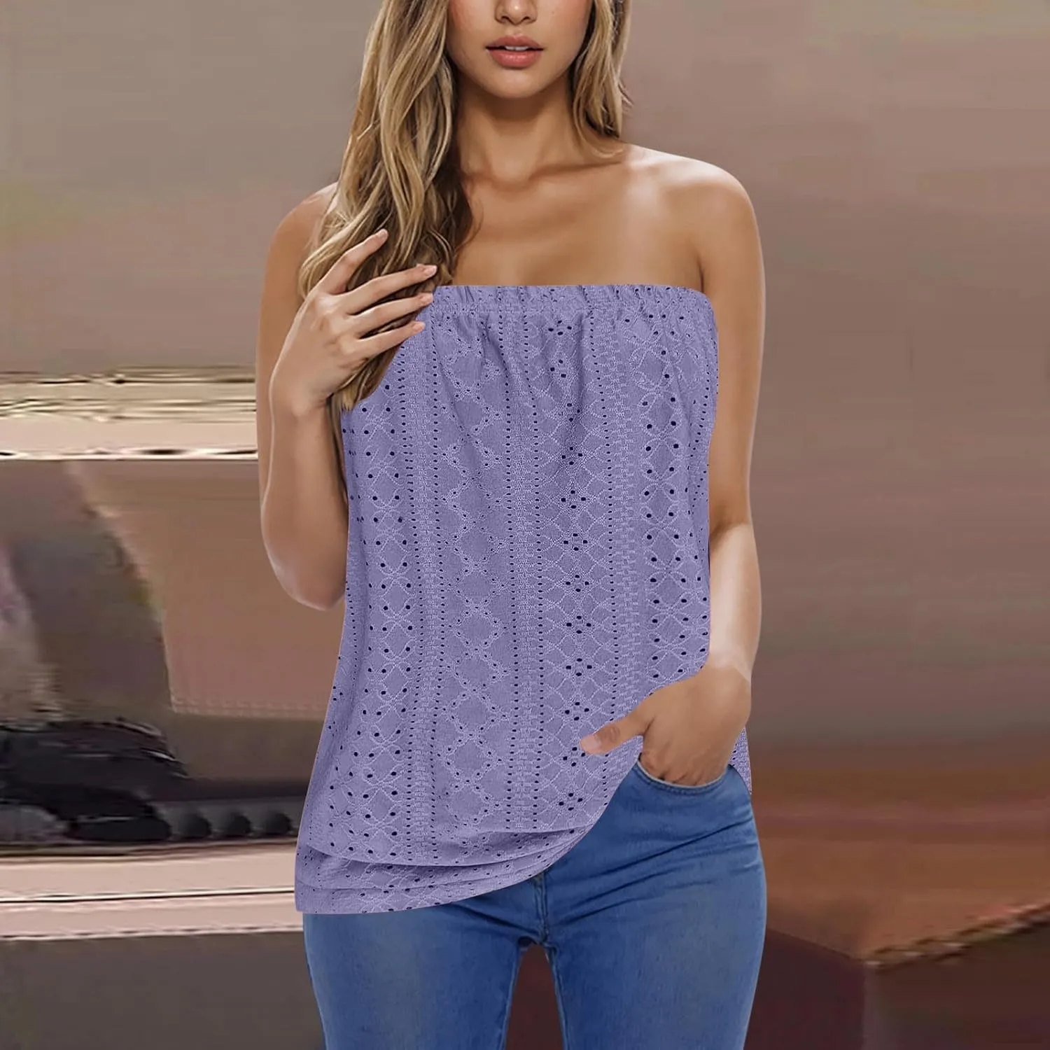 Womens Summer Tube Tops Casual Strapless Eyelet Bandeau Tanks Cute Off Shoulder Tunic Shirts Flowy Vacation Blouses