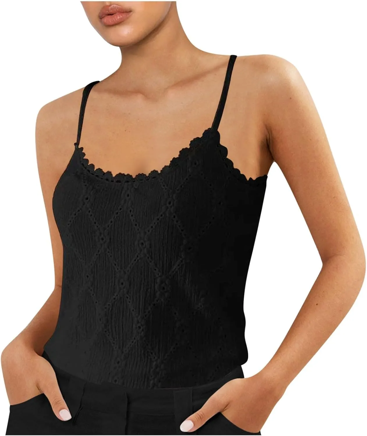 Womens Tank Tops Classic Spaghetti Strap Solid Camisoles Lace Trim Eyelet Embroidery Scoop Neck Basic Cami Top