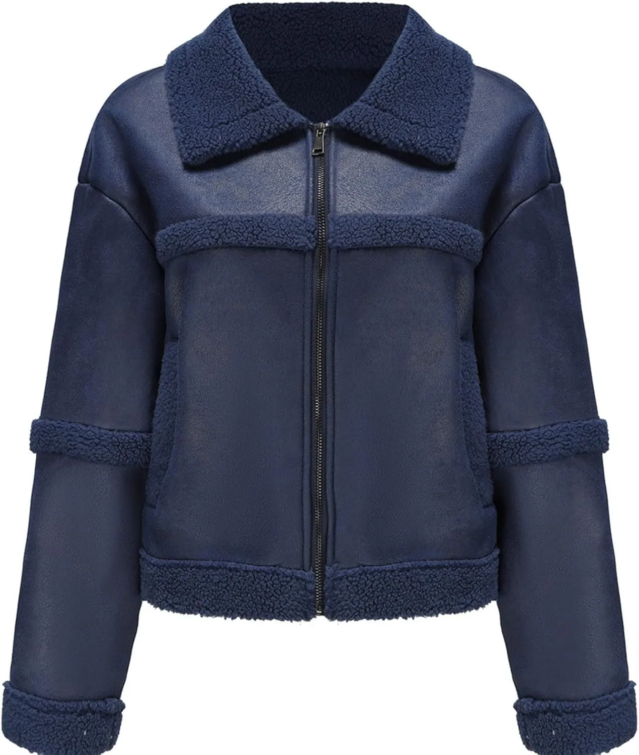 Women's Turn-Down Collar Faux Suede Jacket Motorcycle Bomber PU Bike Coat Outwear Warm Plush Faux Leather Jackets