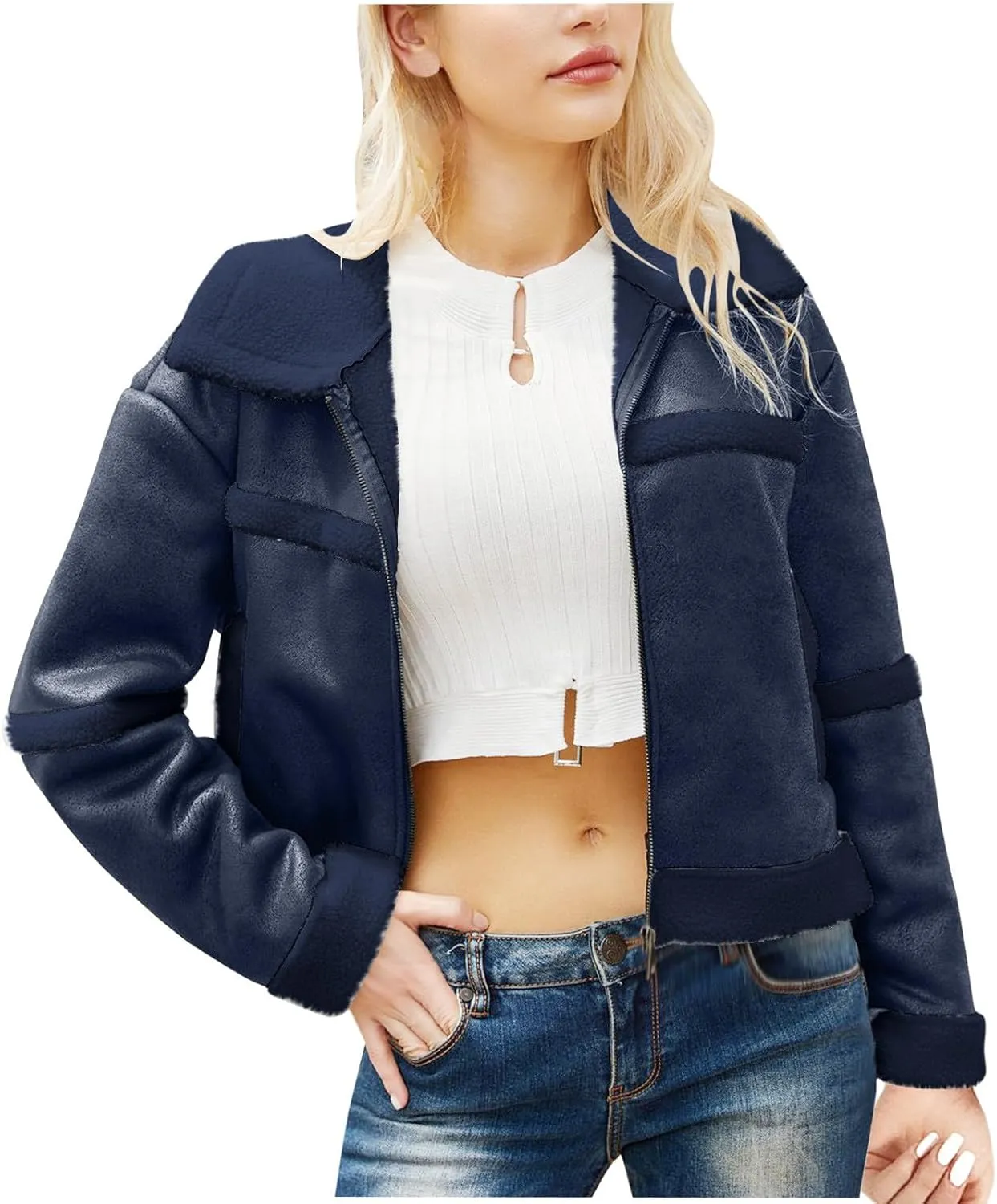 Women's Turn-Down Collar Faux Suede Jacket Motorcycle Bomber PU Bike Coat Outwear Warm Plush Faux Leather Jackets