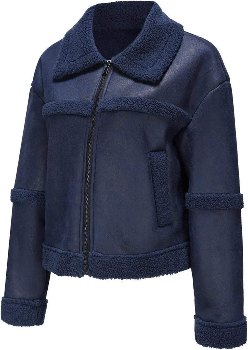Women's Turn-Down Collar Faux Suede Jacket Motorcycle Bomber PU Bike Coat Outwear Warm Plush Faux Leather Jackets