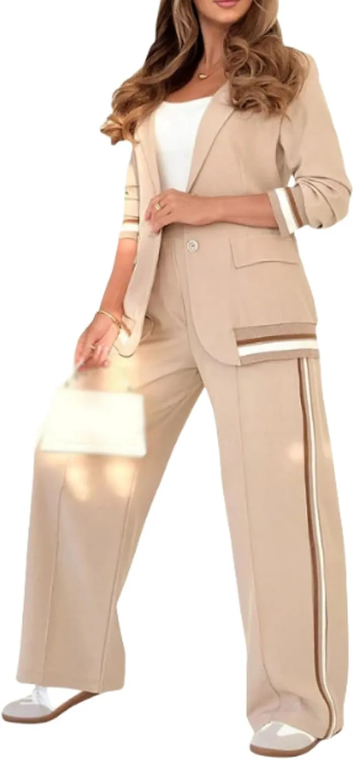 Women's Two Piece Sets Pants Suits 2 Piece Blazer Set Business Casual Blazer Jackets and Dressy Wide Leg Pant Suit Set