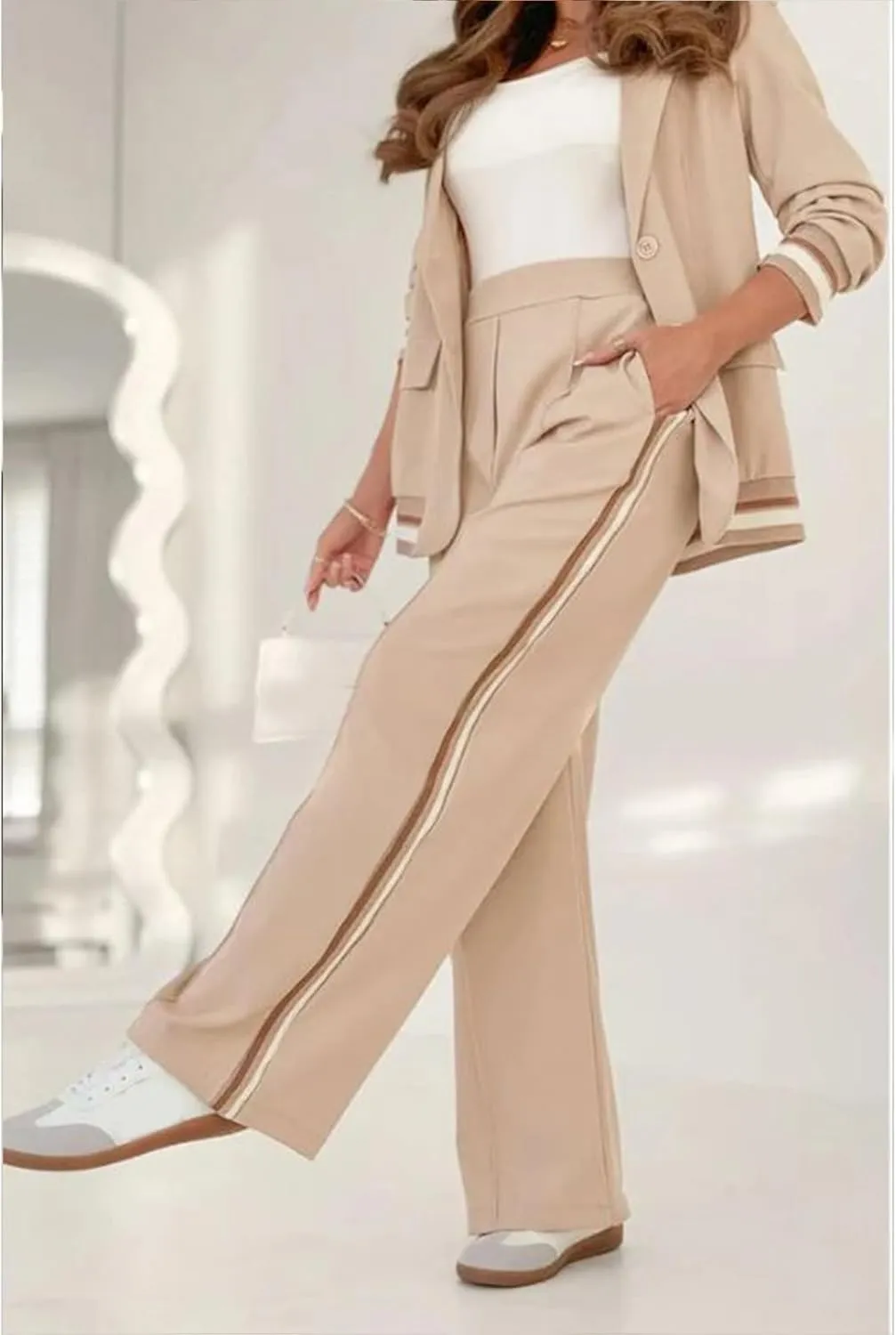 Women's Two Piece Sets Pants Suits 2 Piece Blazer Set Business Casual Blazer Jackets and Dressy Wide Leg Pant Suit Set