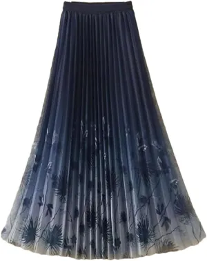 Women's Vintage Printed Pleated Gauze Skirt Fashion Casual Elastic High Waist A-Line Midi Skirts