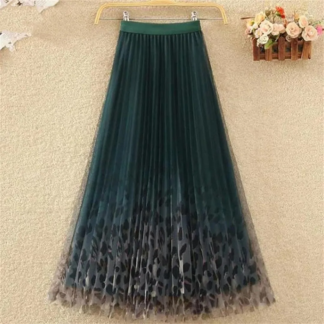 Women's Vintage Printed Pleated Gauze Skirt Fashion Casual Elastic High Waist A-Line Midi Skirts