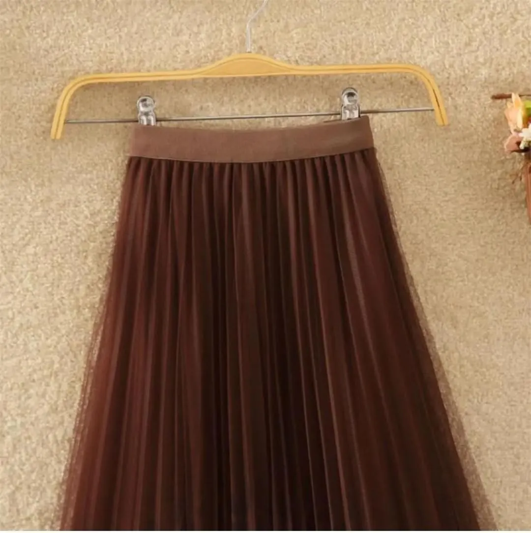 Women's Vintage Printed Pleated Gauze Skirt Fashion Casual Elastic High Waist A-Line Midi Skirts