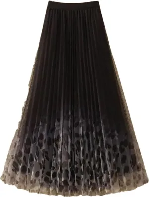Women's Vintage Printed Pleated Gauze Skirt Fashion Casual Elastic High Waist A-Line Midi Skirts