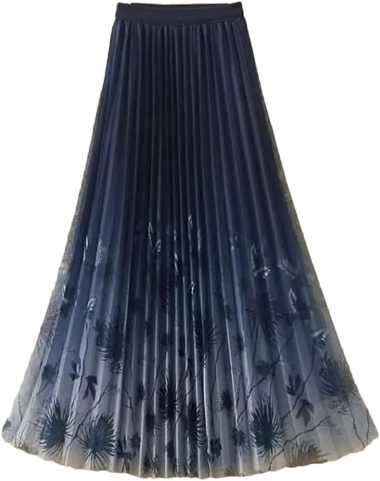 Women's Vintage Printed Pleated Gauze Skirt Fashion Casual Elastic High Waist A-Line Midi Skirts