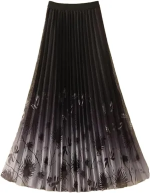 Women's Vintage Printed Pleated Gauze Skirt Fashion Casual Elastic High Waist A-Line Midi Skirts