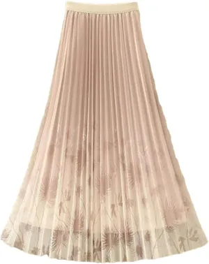 Women's Vintage Printed Pleated Gauze Skirt Fashion Casual Elastic High Waist A-Line Midi Skirts