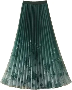 Women's Vintage Printed Pleated Gauze Skirt Fashion Casual Elastic High Waist A-Line Midi Skirts