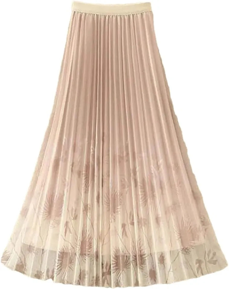 Women's Vintage Printed Pleated Gauze Skirt Fashion Casual Elastic High Waist A-Line Midi Skirts