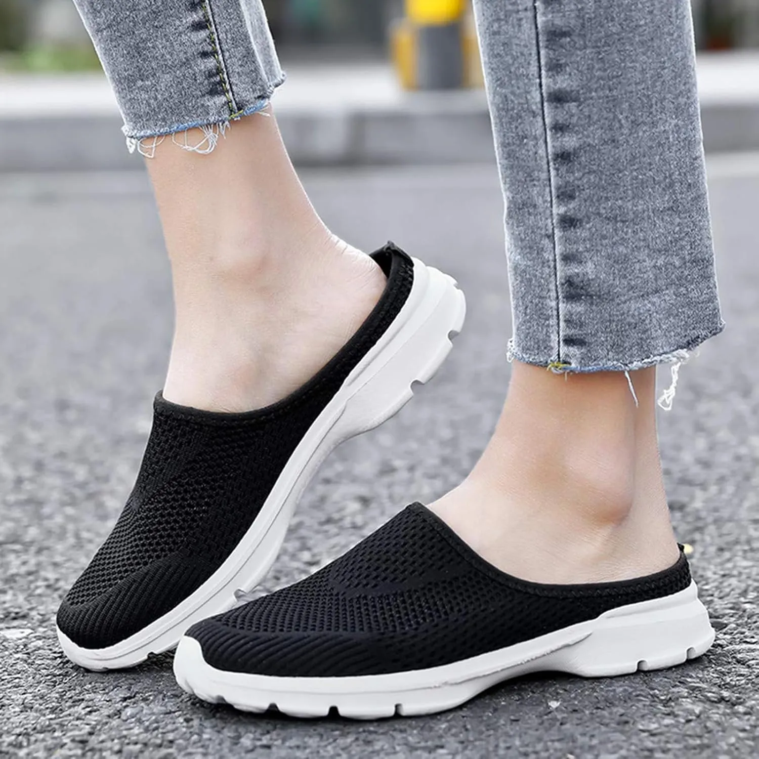 Womens Walking Mules Breathable Mesh Slip On Open Back Sneakers Arch Support Lightweight Comfortable Shoes Sandals for Summer