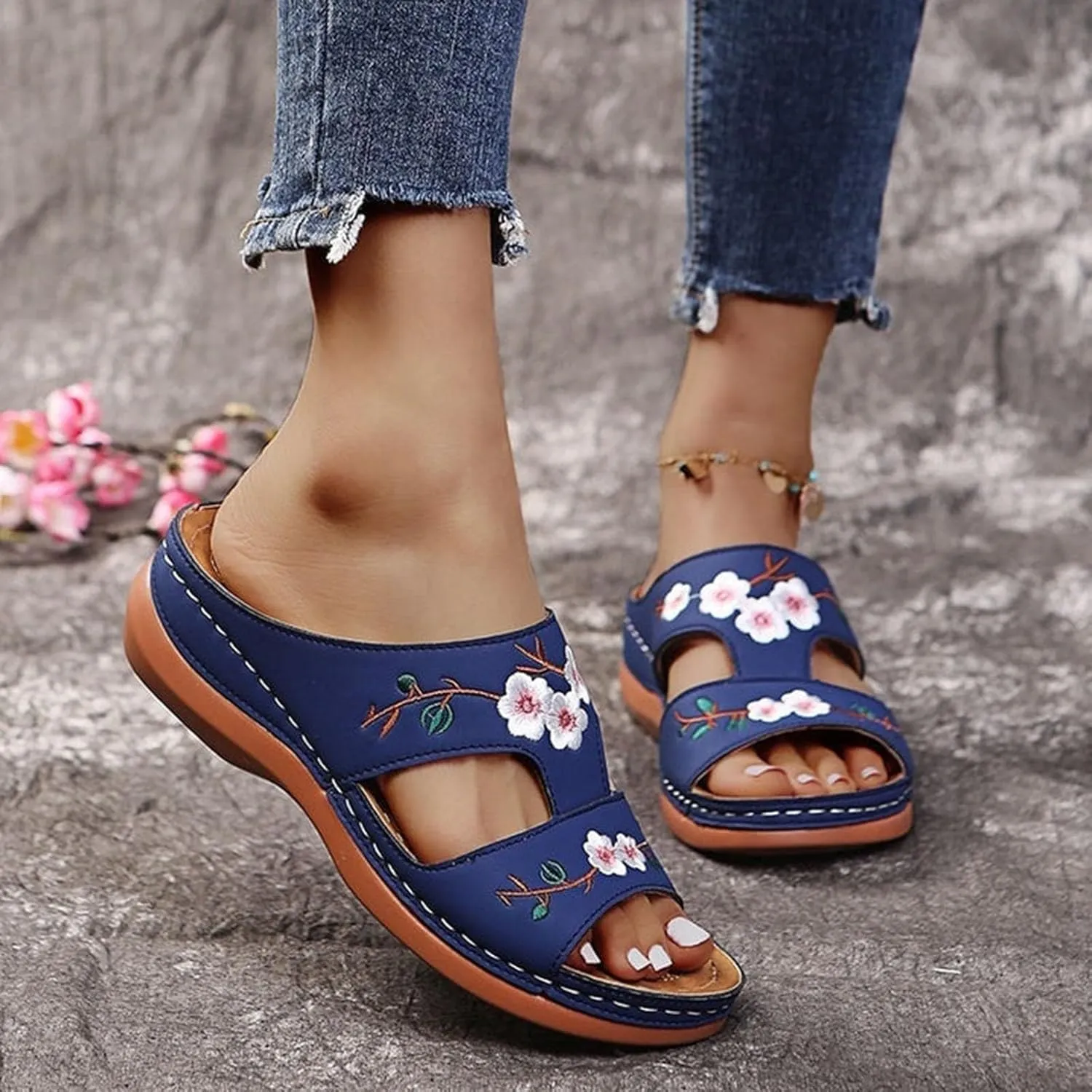 Women's Wedge Sandals, Hollow Floral Embroidery With Arch Support Comfortable Orthopedic Sandal Summer Dressy Slides