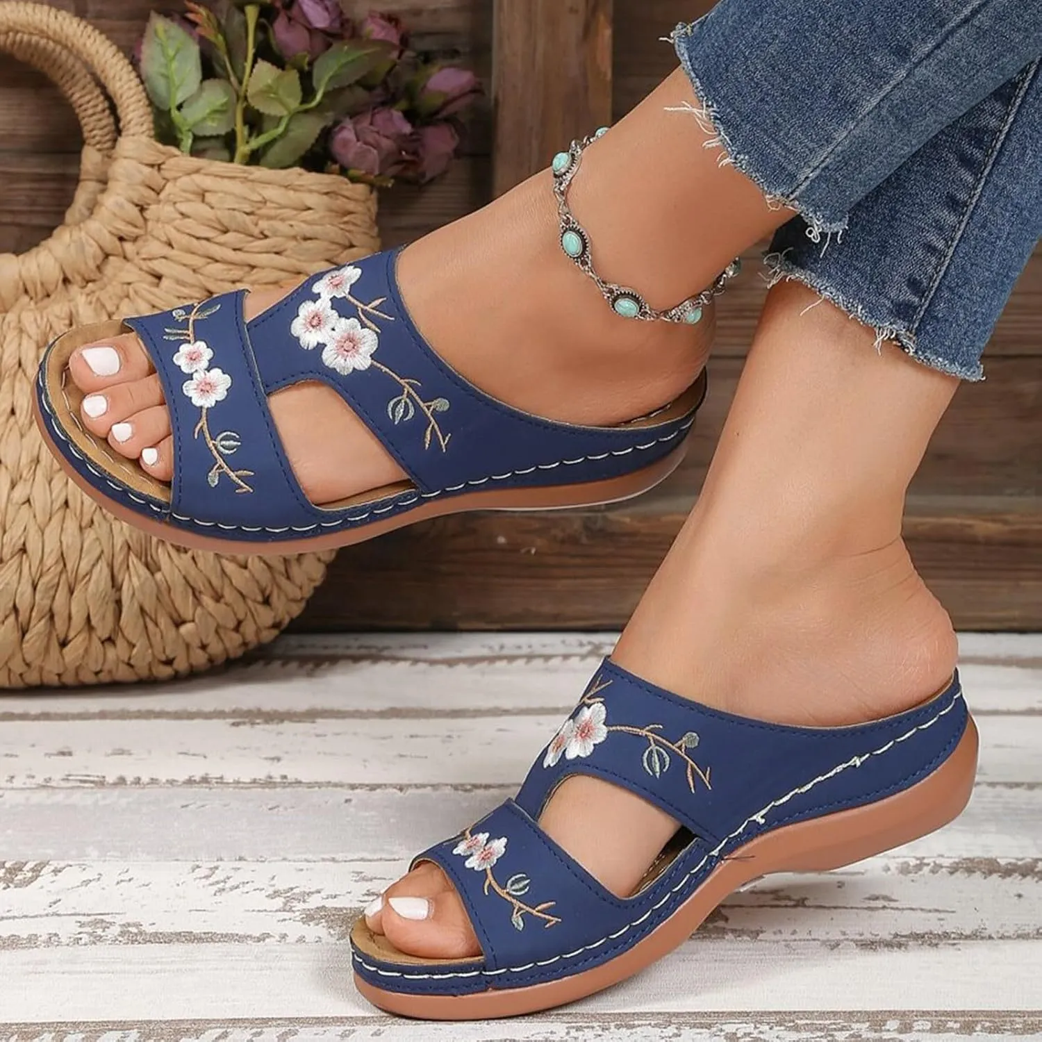 Women's Wedge Sandals, Hollow Floral Embroidery With Arch Support Comfortable Orthopedic Sandal Summer Dressy Slides