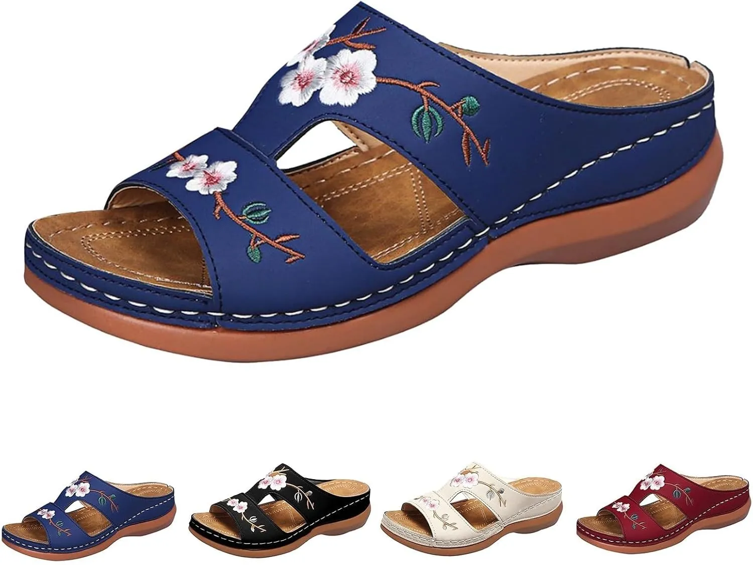 Women's Wedge Sandals, Hollow Floral Embroidery With Arch Support Comfortable Orthopedic Sandal Summer Dressy Slides