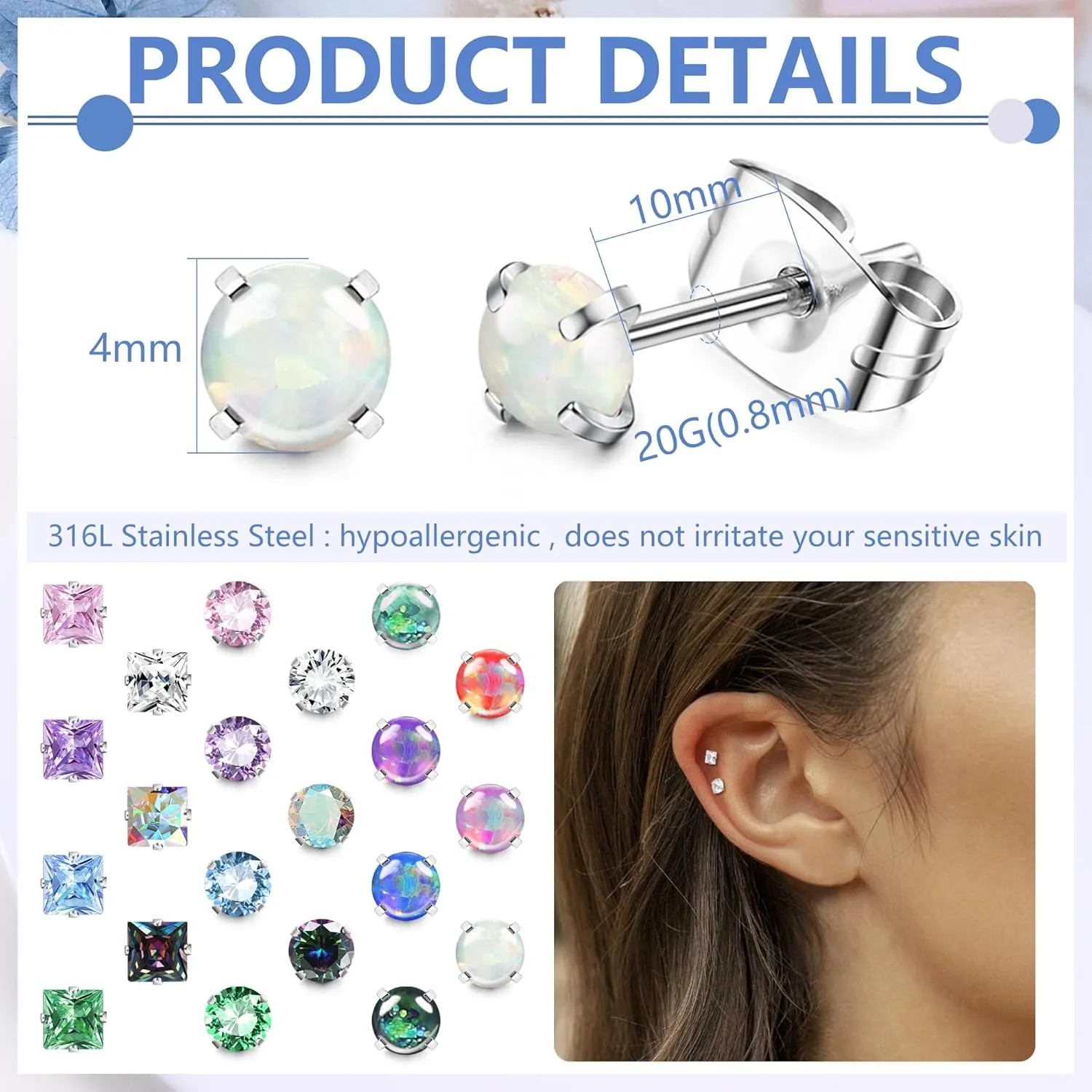 YADOCA 21 Pairs Hypoallergenic Surgical Steel Stud Earrings for Women Men Tiny Small CZ Opal Moonstone Turquoise Earrings Studs Set Piercing Jewelry