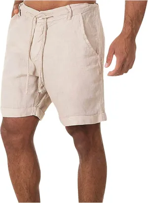 Ymosrh Men's Shorts Casual Fashion Cotton Linen Drawstring Solid Color Beach Shorts Pants Casual