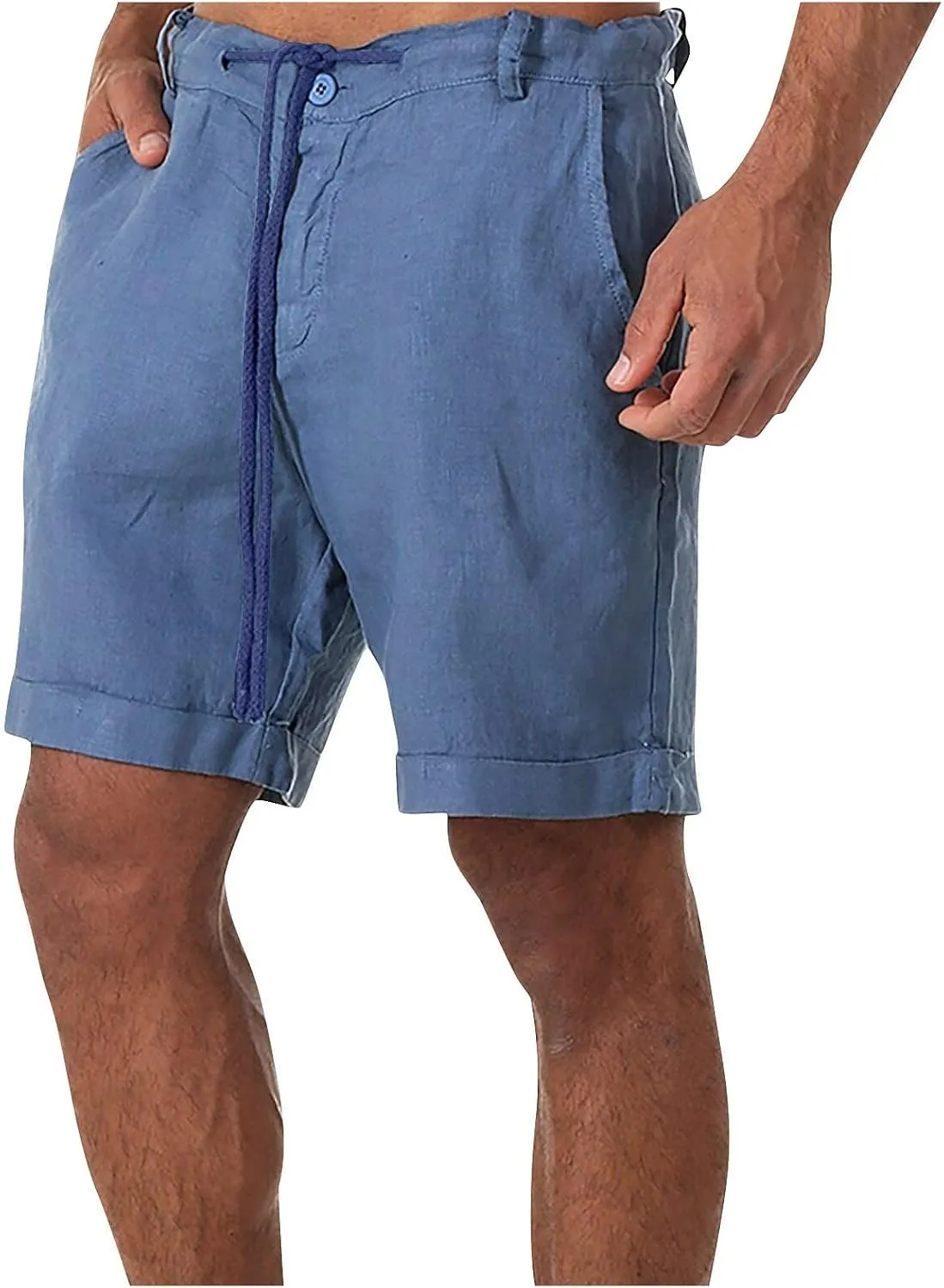 Ymosrh Men's Shorts Casual Fashion Cotton Linen Drawstring Solid Color Beach Shorts Pants Casual