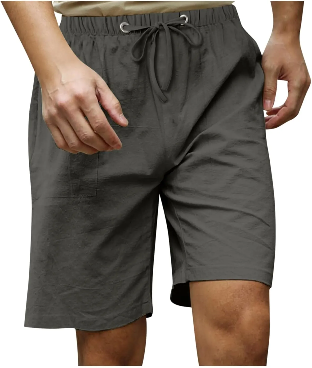 Ymosrh Men's Shorts Casual Fashion Cotton Linen Drawstring Solid Color Beach Shorts Pants Casual