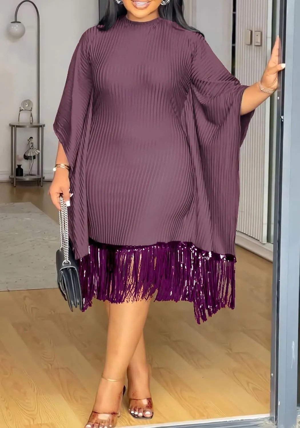 YOOTIKO Women Elegant Midi Dress Formal Wedding Guest Party Plus Size Sequin Fringe Ribbed Dresses