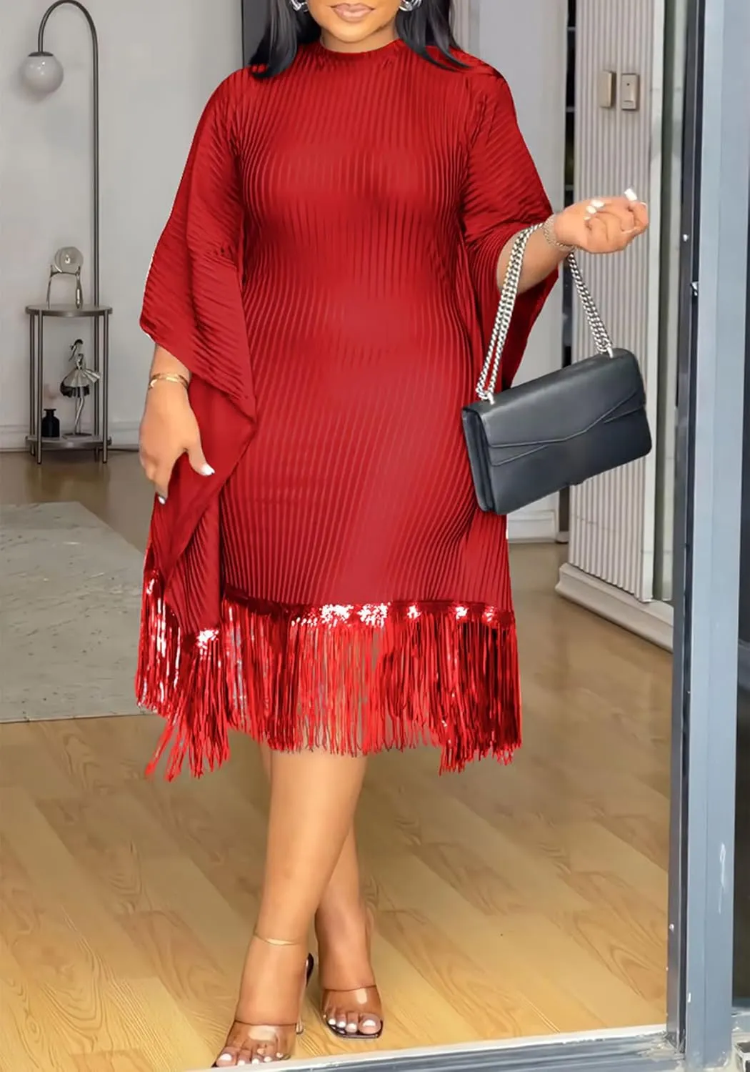 YOOTIKO Women Elegant Midi Dress Formal Wedding Guest Party Plus Size Sequin Fringe Ribbed Dresses